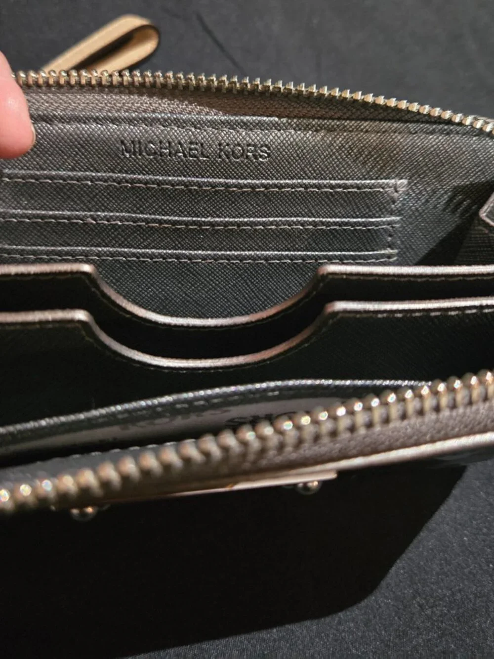 Michael Kors Metallic Gunmetal MK Logo Zip Around Wristlet Wallet